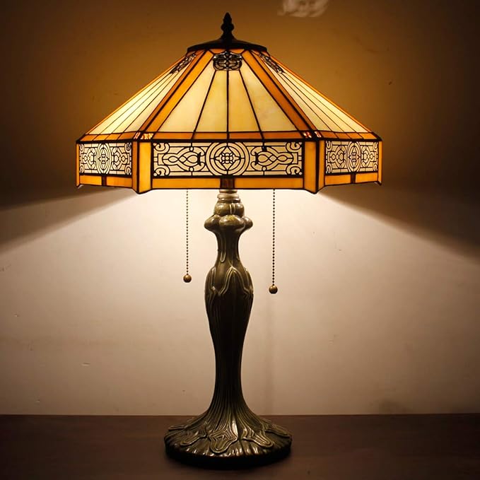 WERFACTORY Tiffany Table Lamp Yellow Hexagon Stained Glass Bedside Lamp Mission 16X16X24 Inches Desk Reading Light Metal Base Decor Bedroom Living Room Home Office S011 Series