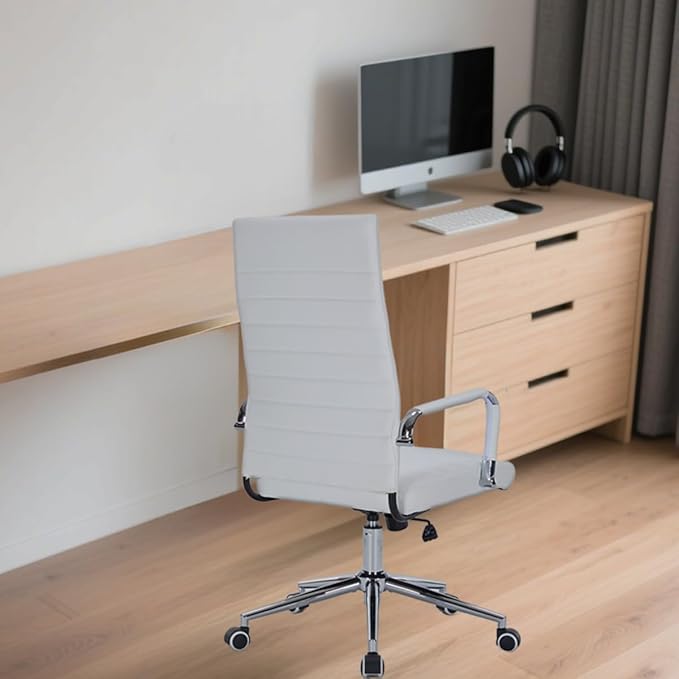 Modern High Back Office Desk Chair, PU Leather Ribbed Ergonomic Executive Conference Chair, Adjustable Swivel Task Chair with Arms, White