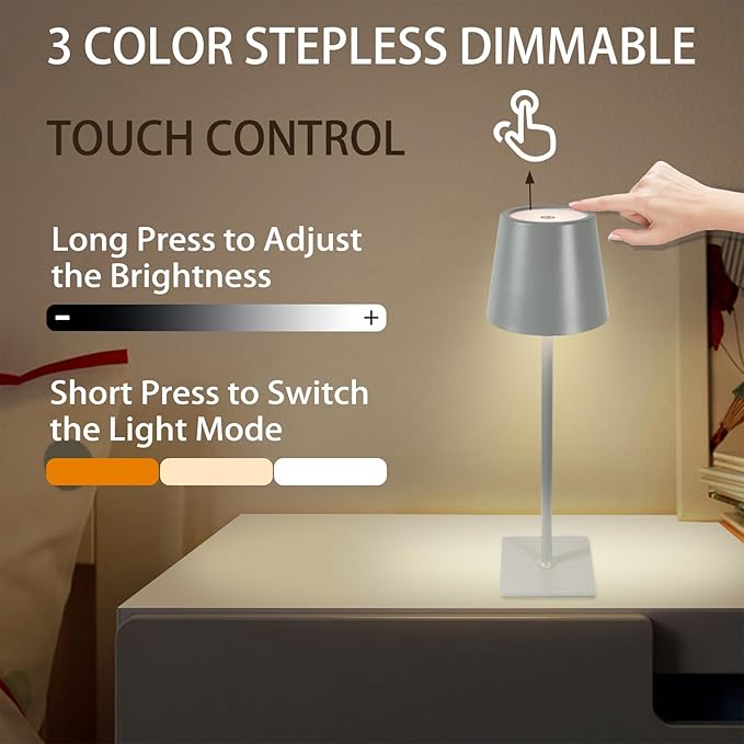 MIOBLUE 2 Pack Cordless Table Lamp,Portable LED Desk Lamp, 5200mAh Battery Operated, 3 Color Dimmable Table Light for Restaurant,Coffee Shop Night Light,Bedroom,Bars,Outdoor Party,Camping(Grey)