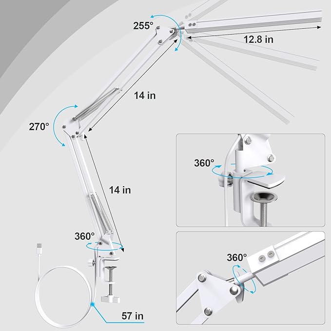 LED Desk Lamp for Home Office, Clamp-On with 3 Light Modes | 14W Adjustable Brightness 5000K Eye-Caring Lighting for Study/Bedroom/Computer Desk (White)