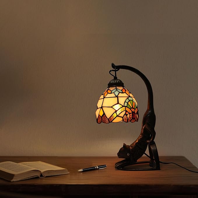 Tiffany Style Table Lamp, Stained Glass Bedside Nightstand Lamps with Cat Base, Vintage Antique Small Desk Light for Bedroom Living Room Home Office Reading Decoration, 5.9x15.74in (Style 1)