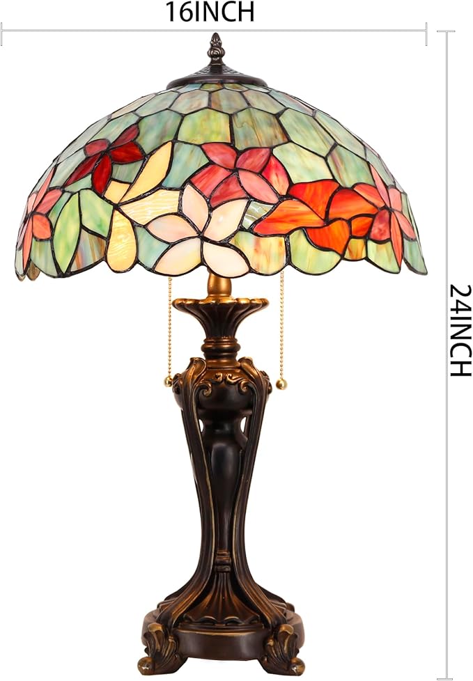 Tiffany Stained Glass Table Lamp 16X16X24 Inch Green Red Flowers Style Desk Bedroom Living Room Antique Reading Light (Red Flowers)