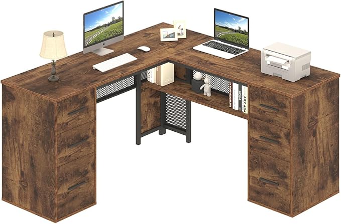 HSH L Shaped Computer Desk with File Drawers, Large Metal Wood L Shape Table with Storage Cabinet Shelves, Reversible Corner Home Office Executive Writing Study Workstation Desk, Rustic Brown, 59 Inch