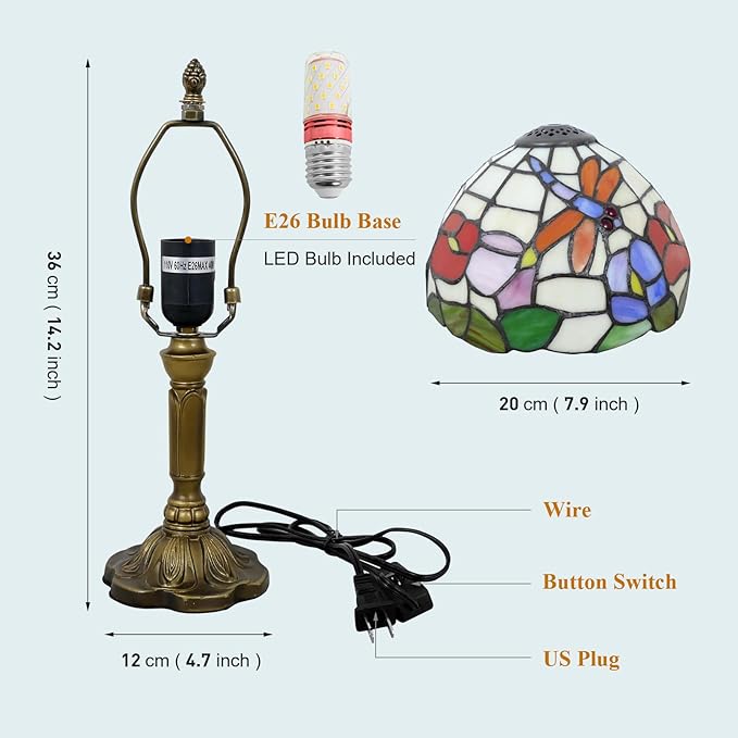 Tiffany Table Lamp Beautiful Dragonfly and Flower Style Lamp Handmade Stained Glass Desk Lamps Gifts Resin Base 14.2" Tall Vintage Reading Lamp for Office,Living Room, Bedroom, Study Room