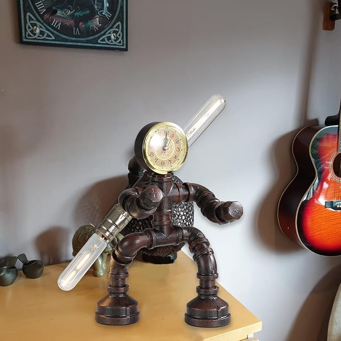 Water Pipe Table Lamp Robot Style- Retro Industrial Table Light- Antique Steampunk Metal Desk Lamp Bedside Lighting Fixture for Office, Reading Kids Room, Cafe Bar (Rust-Style F)