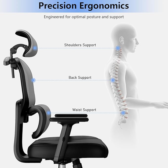Office Chair, Ergonomic Desk Chair, High Back Desk Chair, Big and Tall Reclining Comfy Home Office Chair with Lumbar Support Breathable Mesh Computer Chair Adjustable Armrests
