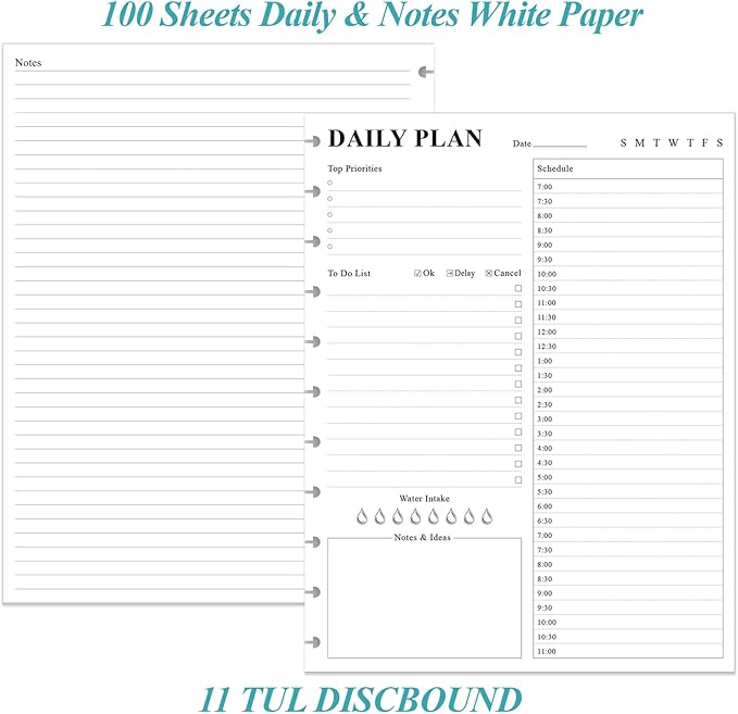 Undated Daily Planner Refill - 11 Disc Discbound To Do List Refills, Letter Size 100 Sheets/200 Pages Planner and Lined Insert, 100 gsm White Paper, 8.5'' x 11''