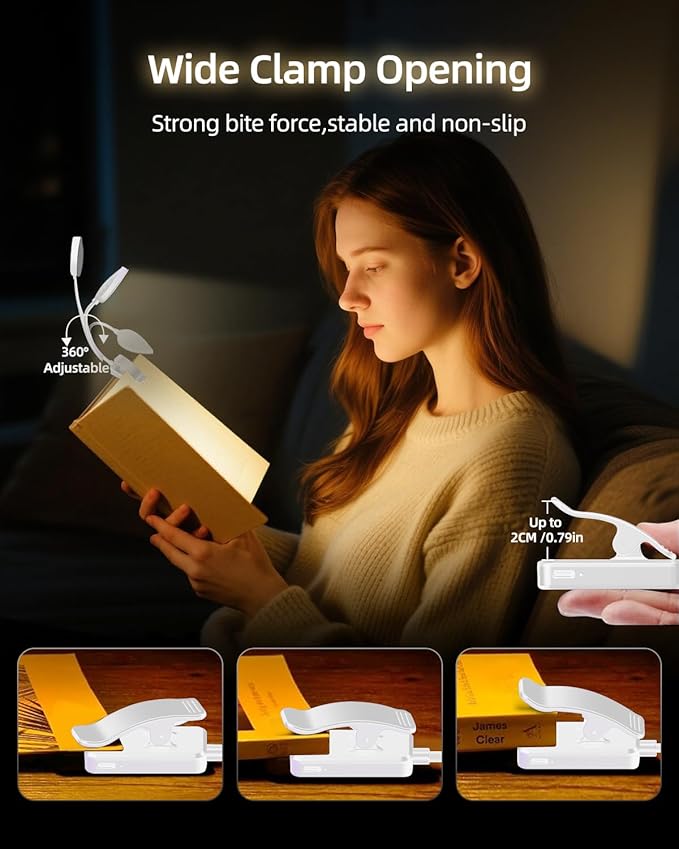 Rechargeable Book Lights for Reading at Night - Eye,3 Color Temperatures,3 Brightness Levels,Flexible Goose Neck Clip on Light,Reading Lights for Books in Bed with Power Indicator Bookworms (White)