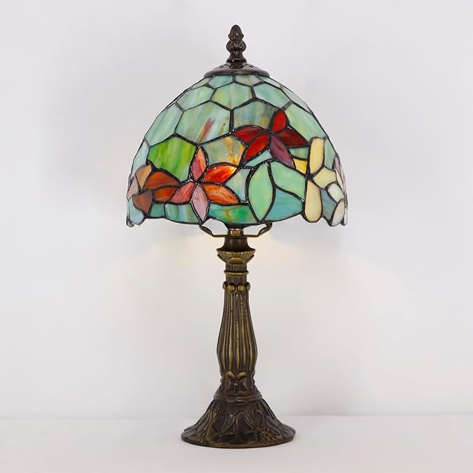 Tiffany Lamp Touch Control Table Lamp Red Yellow Green Flowers Stained Glass Desk Lamp 8X8X14.5 Inches Reading Light