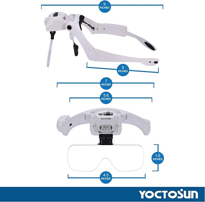 YOCTOSUN Head Magnifier with 5 LED Lights, Rechargeable Headband Magnifying Glass with 5 Interchangeable 1.2X, 1.8X, 2.5X, 3.5X, 4.5X Lenses, Great Magnifying Glasses for Jewelry, Arts and Crafts