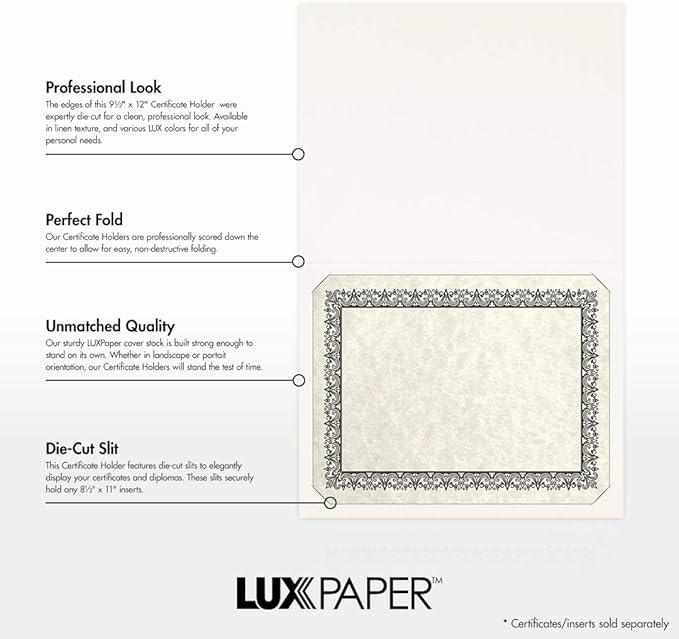 LUXPaper 9.5" x 12" Certificate Holders | White Linen | 100lb. Cover | 25 Qty