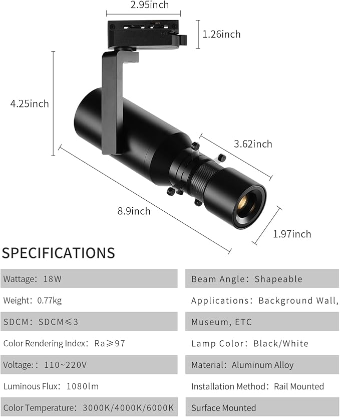 LED Track Light Head, 18W Shapeable Light, Adjustable Directional Aperture Shape for Museum Art Gallery Exhibition Art Picture 2700K