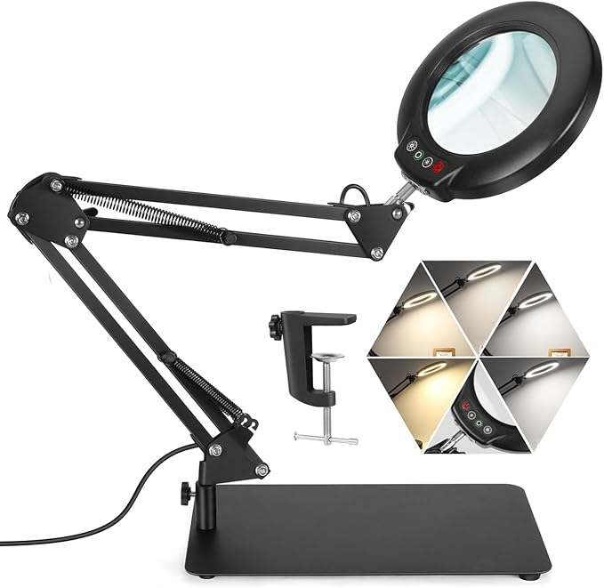 Veemagni 10X Magnifying Glass with Light and Stand, 5 Color Modes Stepless Dimmable 2-in-1 Desk Lamp & Clamp, LED Lighted Magnifier with Light, Hands Free for Repair Craft Hobby Close Work