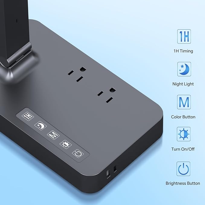 Power Strip with LED Desk Lamp, 2 Outlets 1 USB-A Ports 1 Type-C Ports, Small Desk Lamp for Home Office with Surge Protection, 5ft Extension Cord, 5 Color Modes 5 Brightness, Dorm Room Essentials