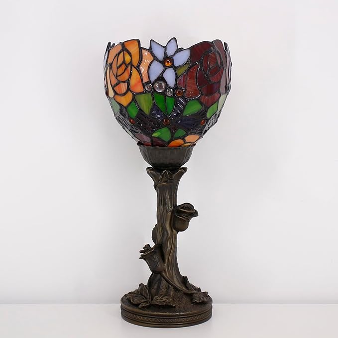 Small Tiffany Lamp Mini Stained Glass Table Lamp Red Rose Accent Desk Uplight W6H 13.5 Inch Bronze Resin Base