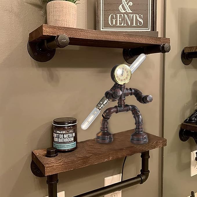 Water Pipe Table Lamp Robot Style- Retro Industrial Table Light- Antique Steampunk Metal Desk Lamp Bedside Lighting Fixture for Office, Reading Kids Room, Cafe Bar (Rust-Style F)