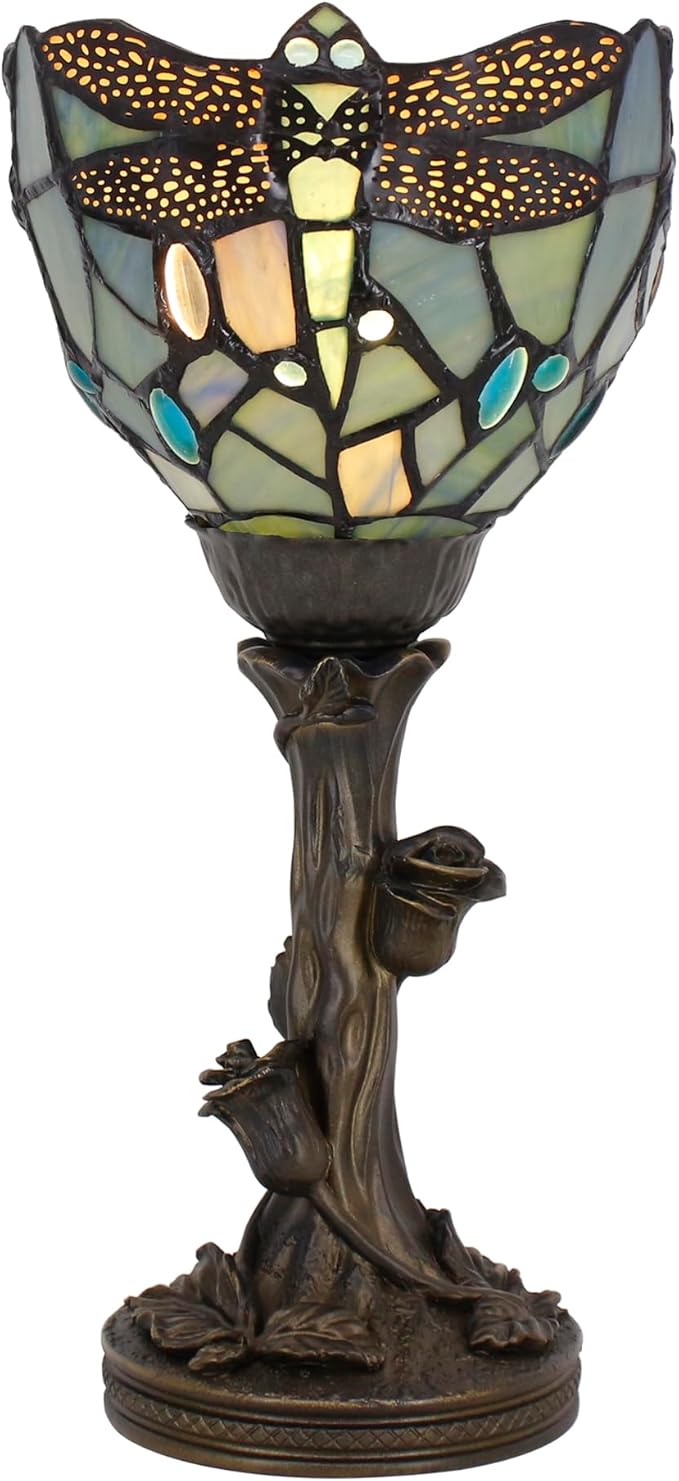 Small Tiffany Lamp Mini Stained Glass Table Lamp Blue Dragonfly Accent Desk Uplight W6 H13.5 Inch Bronze Resin Base