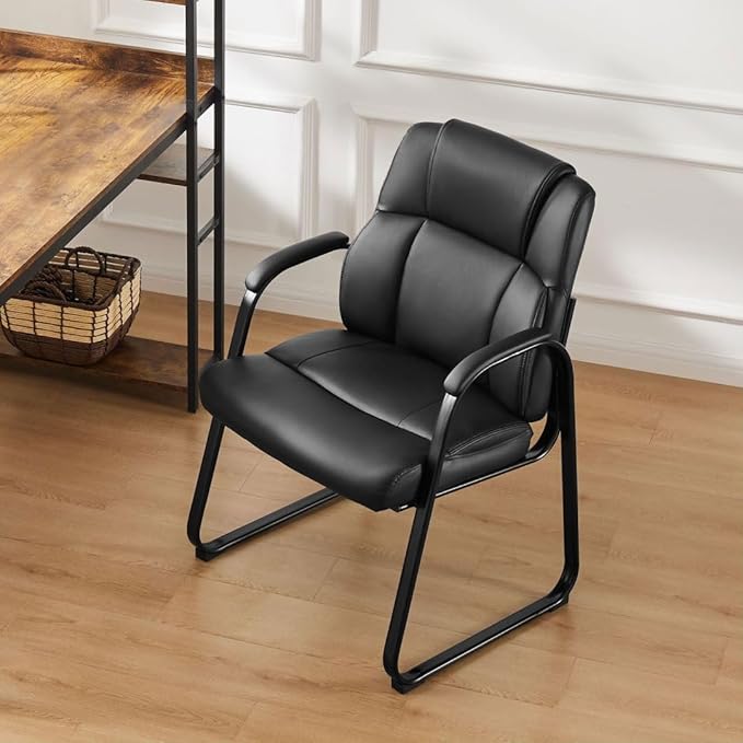 PU Leather Conference Room Chair, Tall Back Chairs with with Padded Arms and No Wheels, Guest Chair for Reception Waiting Room Black