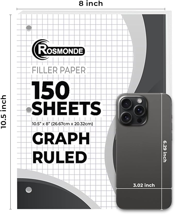 Rosmonde 6750 Sheets Graph Paper Bulk, 45 Pack, Bulk Loose Leaf Paper, 4x4, 8" x 10.5", Bulk Grid Paper, Thick Graphing Paper, Fights Ink Bleed, 3 Hole Punched, Quad Ruled Sheets, Bulk School Supplies