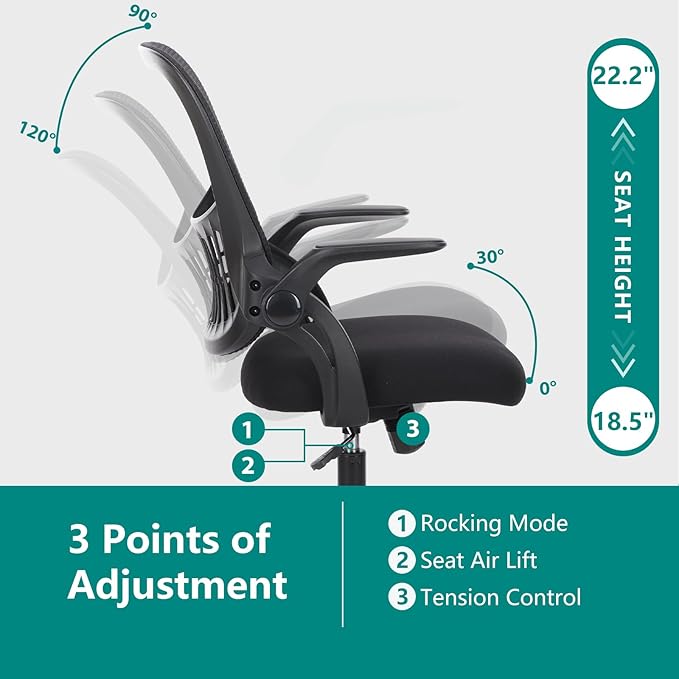 SMUG Office Computer Desk Chair, Ergonomic Mid-Back Mesh Rolling Work Swivel Task Chairs with Wheels, Comfortable Lumbar Support, Comfy Flip-up Arms for Home, Bedroom, Gaming, Study, Student