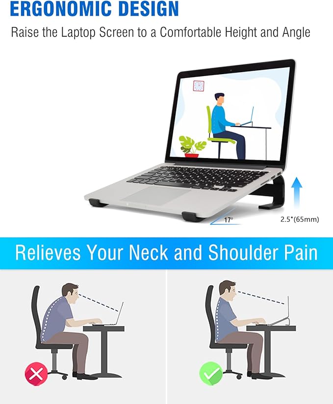 Laptop Stand for Desk, Ergonomic Aluminum Laptop Riser, Sturdy MacBook Stand, Computer Stand Compatible with 12 13.3 14.2 15.3 16.2 Inch MacBook Pro Air/Dell/HP (Black)
