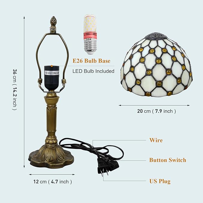 Tiffany Style Table Lamp Beige Beads Vintage Bedside Table Light Desk Lamps Accent Small Lamp 14" Tall 8" Wide Reading Lamp with Color Changing LED Bulb