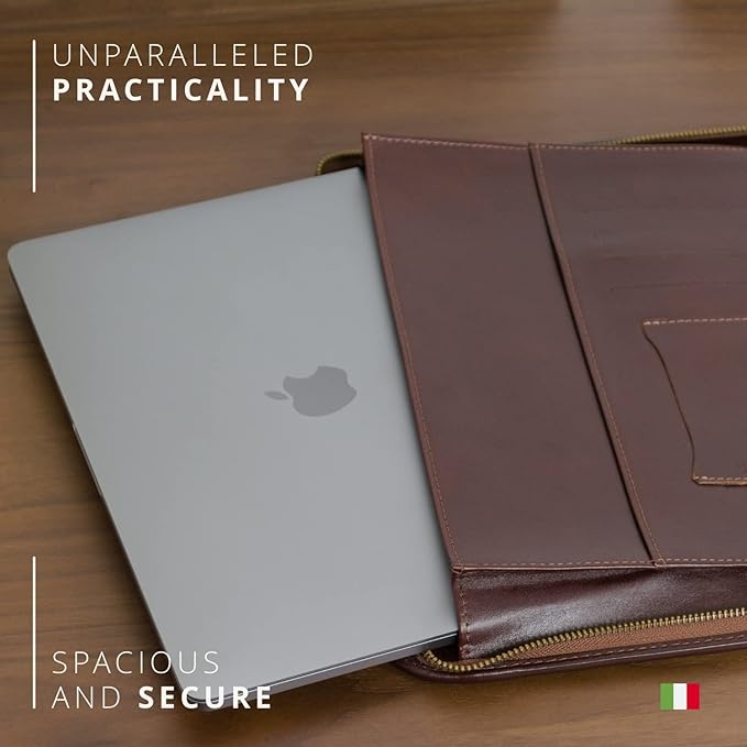 Premium Maruse Leather Portfolio Padfolio - Executive Folio for Men and Women with Zipper, Folio Document Organizer, Laptop Sleeve, iPad Case and Folder - Made in Italy, Brown