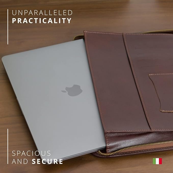 Premium Maruse Leather Portfolio Padfolio - Executive Folio for Men and Women with Zipper, Folio Document Organizer, Laptop Sleeve, iPad Case and Folder - Made in Italy, Black