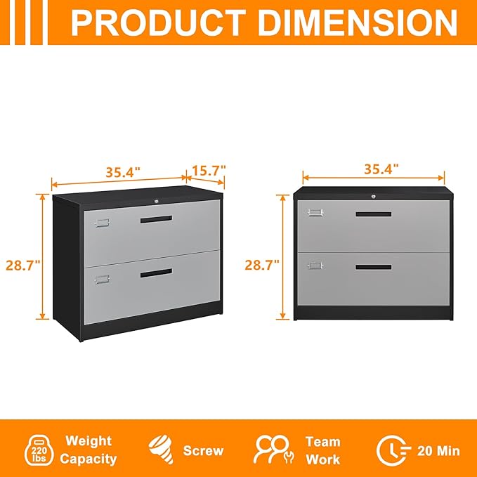 Lateral File Cabinet, Metal Filing Cabinet with Lock, 2 Drawer File Cabinets for Home Office, Office Cabinet for Hanging Files Letter/Legal/F4/A4, Assembly Required, Black Grey