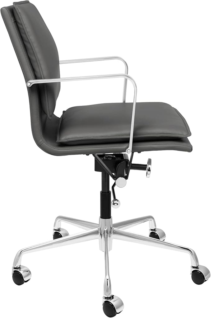 Laura Davidson Furniture Lexi II Padded Office Chair - Mid Back Desk Chair with Aluminum Arm Rest, Swivel & Cushion Availability, Made of Faux Leather, Dark Grey, Computer Chair