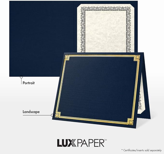LUXPaper 9.5" x 12" Certificate Holders | Nautical Blue Linen | Embossed Gold Foil Border | 100lb. Cover | 25 Qty