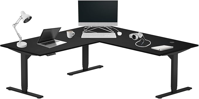 Progressive Desk Height Adjustable Electric Standing Desk - L Shaped 72" x 72" Computer Stand Up Rising Workstation Corner Table - Black Frame, Ebony Oak Top