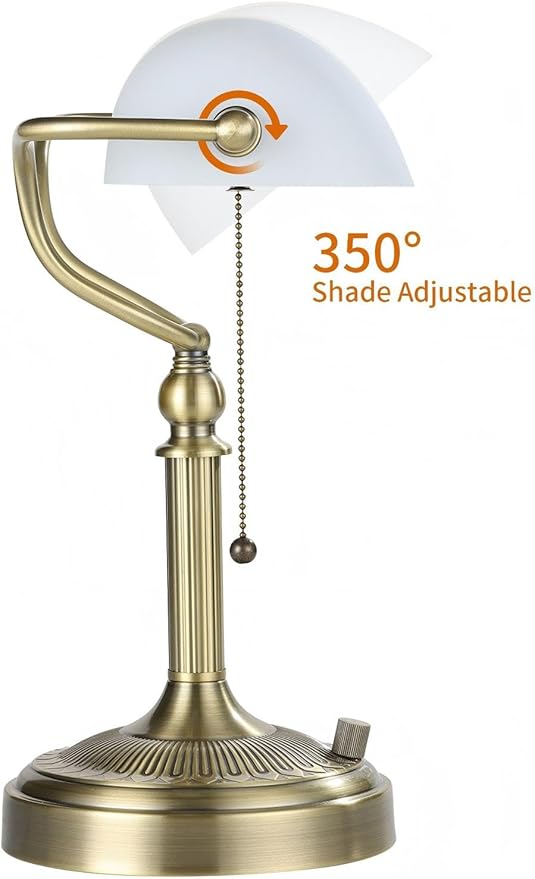 Newrays White Matted Glass Bankers Desk Lamp, Stepless Dimmable Table Lamp Plug in Fixture for Study, Home Office,Library, LED Bulb Included