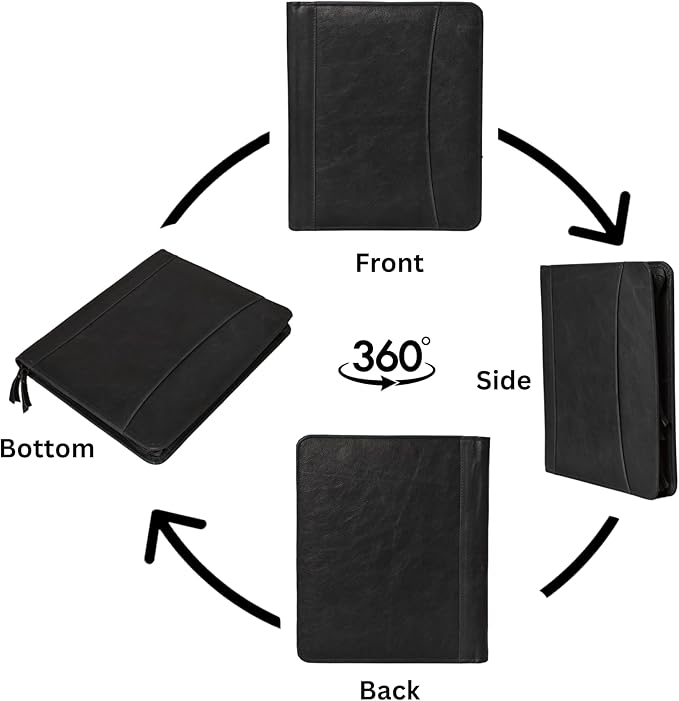 Leather Business Portfolio Padfolio Document Organizer with Writing Pad Resume Professional Interview Zipper Writing Notepad Folder for Men Women (Black)