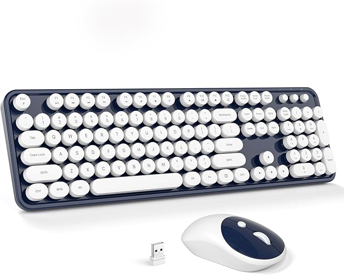 Wireless Keyboard and Mouse Combo - GEEZER Deepblue-White Full-Sized Colorful Keyboard 104 Keys - USB 2.4 G Receiver Plug and Play Round Keycap Typewriter Keyboards, for Windows, PC, Laptop, Desktop