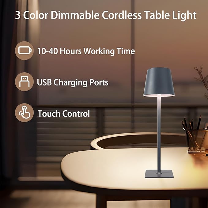 MIOBLUE 2 Pack Cordless Table Lamp,Portable LED Desk Lamp, 5200mAh Battery Operated, 3 Color Dimmable Table Light for Restaurant,Coffee Shop Night Light,Bedroom,Bars,Outdoor Party,Camping(Dark Grey)