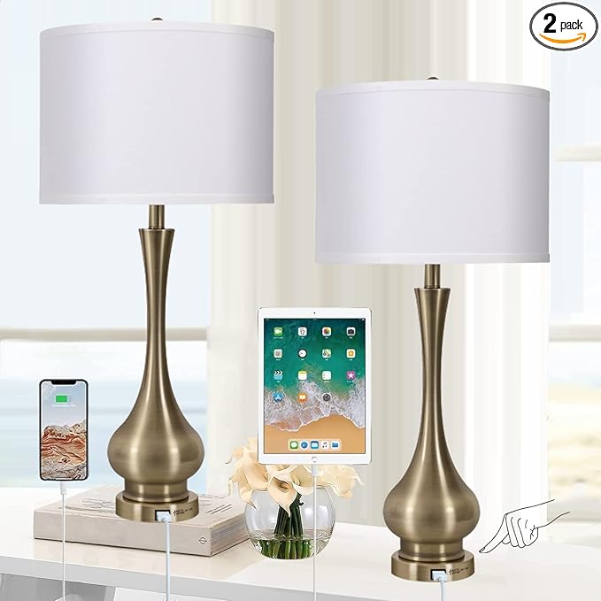 Touch Lamp for Bedrooms Set of 2, 3-Way Dimmable Nightstand Lamp Sets with Linen Fabric Shade, Bedside Lamp with USB Port & E26 Socket, Modern Tall Table Lamp for Bedroom, Living Room, Office