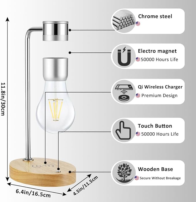 Magnetic Levitating Light Bulb Lamp, Floating LED Bulb Desk Lamp with Wireless Charger, Rotating Levitating Bulb Night Lights for Room Office Decoration (Silver)