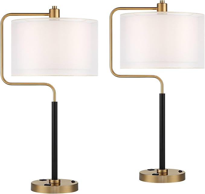 Possini Euro Design Carlyle 30 1/2" Tall Large Mid Century Modern Glam Luxe Desk Lamps Set of 2 USB Port AC Power Outlet Gold Black Metal White Shade Home Office Living Room Charging Bedroom Bedside