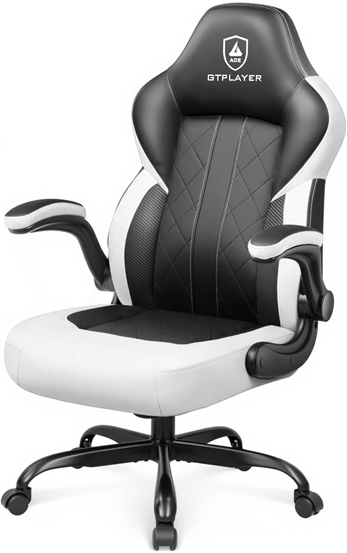 GTPLAYER Video Gaming Chair,Ergonomic Gaming Chair with Flip-Up Armrests,Comfortable Desk Chair with Adjustable Height,Computer Chair with Built-in Lumbar Support, Recliner with 360° Swivel (White)