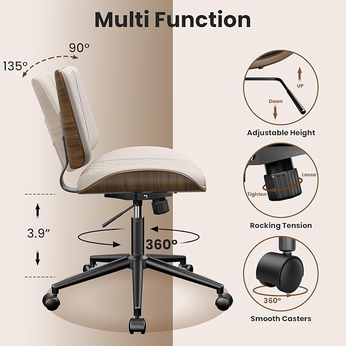 Home Office Chair with Wheels, Armless Office Desk Chair Adjustable Height, Swivel Rolling Modern Walnut Mid Back Computer Task Chair for Home Office, Small Space, Beige, Lozenge Pattern