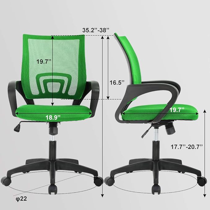 BestOffice | Ergonomic Office Chair | Mid-Back Swivel Desk Chair | Breathable Backrest & Lumbar Support | Adjustable Height | Sponge Seat | Rolling Wheels | Green | for Adults & Women