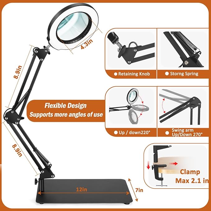 Veemagni 10X Magnifying Glass with Light and Stand, 5 Color Modes Stepless Dimmable 2-in-1 Desk Lamp & Clamp, LED Lighted Magnifier with Light, Hands Free for Repair Craft Hobby Close Work