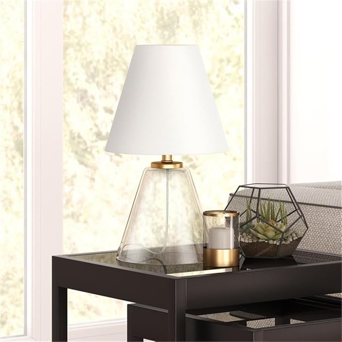 Henn&Hart 13.62" Tall Mini Lamp with Fabric Shade in Clear Glass/White, for Home, Living Room, Bedroom, Entertainment Room, Office, Kitchen, Dining