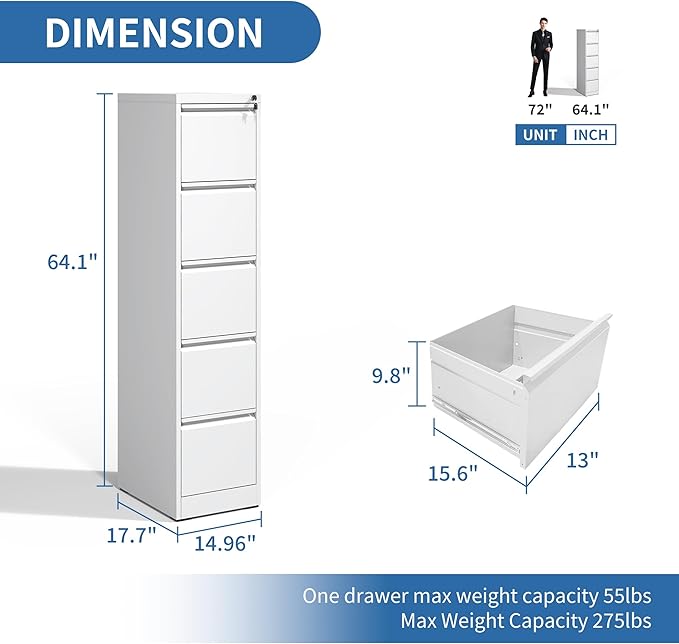 5 Drawer File Cabinet with Lock, Metal Vertical Filing Cabinets for Home Office, Steel Storage Cabinet for Hanging Legal/Letter Size Files, Assembly Required (White)