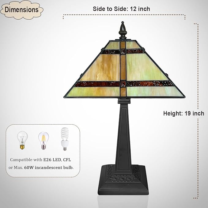 Tiffany Table Lamp,Amber Stained Glass Table Light,Antique Style Medium Size Desk Lamp Vintage Beside Reading Lamp for Living Room Bedroom Office