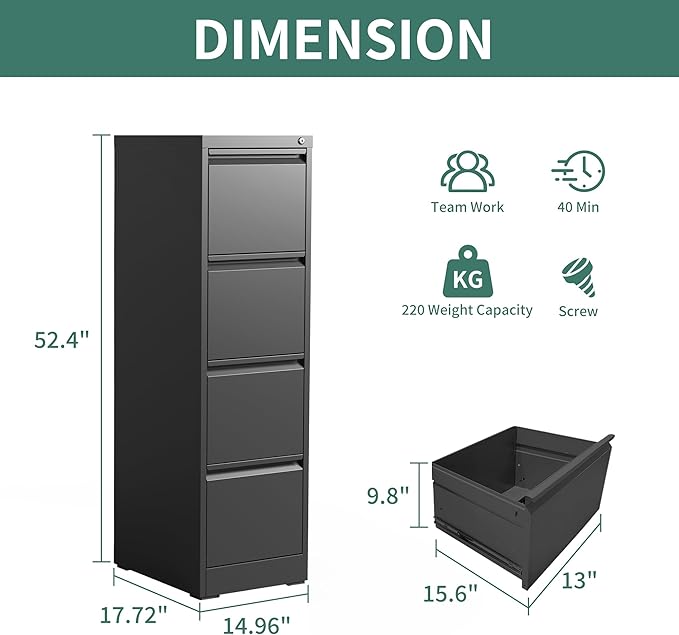 4 Drawer File Cabinet with Lock, Steel Vertical Filing Cabinets for Home Office, Metal Storage Cabinet for Hanging Legal/Letter Size Files, Assembly Required (Black)
