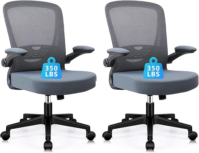 CLATINA Desk Chairs with Wheels, Ergonomic Rolling Mesh Office Chair Adjustable Height and Lumbar Support Home Office Computer Chair with Flip Up Armrests, Grey 2PK