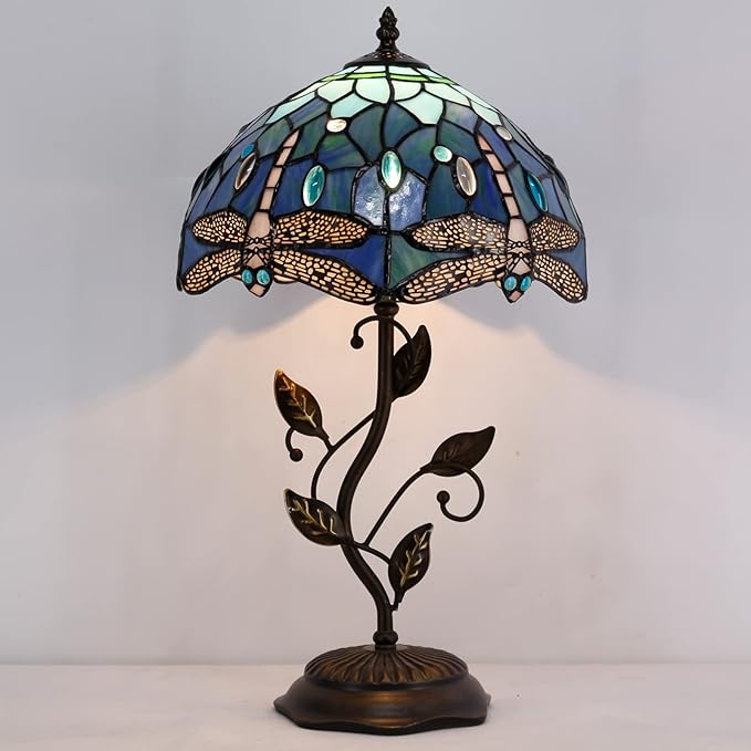 Tiffany Lamp Blue Dragonfly Style Stained Glass Table Lamp Desk Bedside Reading Light 12X12X19 Inches with Metal Leaf Base Decor Bedroom Living Room