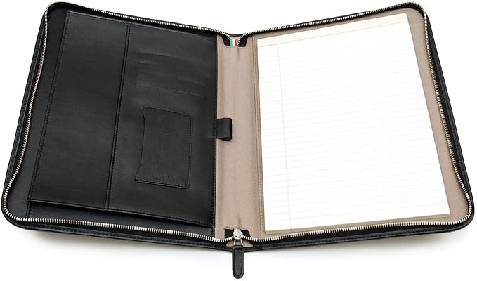 Premium Maruse Leather Portfolio Padfolio - Executive Folio for Men and Women with Zipper, Folio Document Organizer, Laptop Sleeve, iPad Case and Folder - Made in Italy, Black